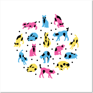 Retro pattern with cartoony cats and polka dots in cmyk over white Posters and Art